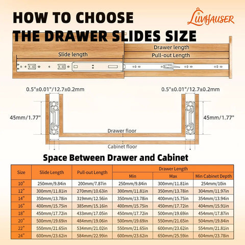 Beefy Full Extension Drawer Slides 20 Inch, Heavy Duty Drawer Runners, Side Mount Cabinet Rails For Kitchen, 1.77 Inch Wide, 100 Lb Capacity, Anti Rust And Long Lasting size chart