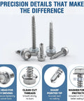 Heavy Duty 410 Stainless Self Tapping Screws Kit With Washers For Metal Wood Plastic Hex Head Self Drilling Rust Resistant Screws In Multiple Sizes For DIY Projects Roofing And More on display with detailed features shown.