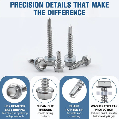 Heavy Duty 410 Stainless Self Tapping Screws Kit With Washers For Metal Wood Plastic Hex Head Self Drilling Rust Resistant Screws In Multiple Sizes For DIY Projects Roofing And More on display with detailed features shown.