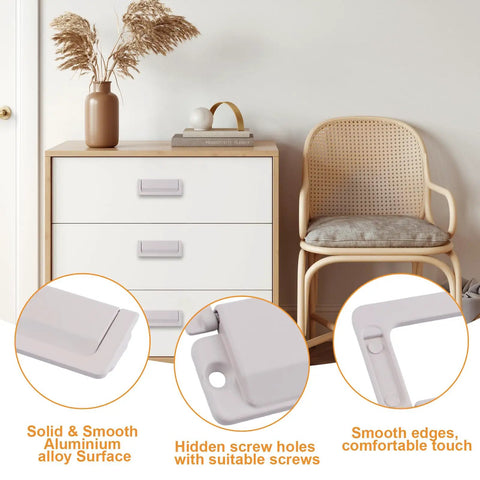 4 Pack Flush Ring Hidden Drawer Pull Handles for Cabinets and Closets, Aluminum Alloy in Cashmere Gray on white drawers, close-up detail