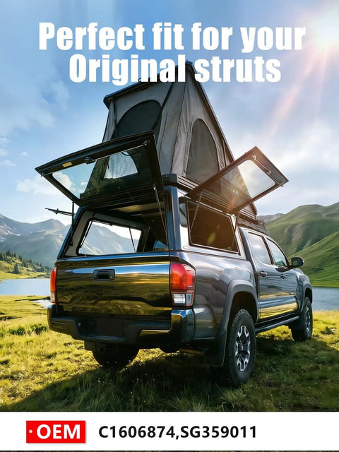 Pickup truck with open camper shell supported by 17 Inch 40Lb Gas Struts Direct Replacement For Leer Truck Cap And Camper Shells Fits ARE SnugTop Canopy Doors And Truck Toppers.