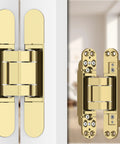 Heavy Duty Hidden Door Hinges 2 Pack Gold Finish showing smooth pivot design and concealed installation features.