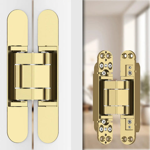Heavy Duty Hidden Door Hinges 2 Pack Gold Finish showing smooth pivot design and concealed installation features.