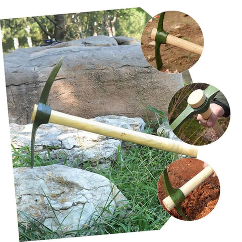 Steel Garden Hoe Handle Multifunctional Pickaxe for Gardening Digging and Root Removal with wooden handle on grass and rocks