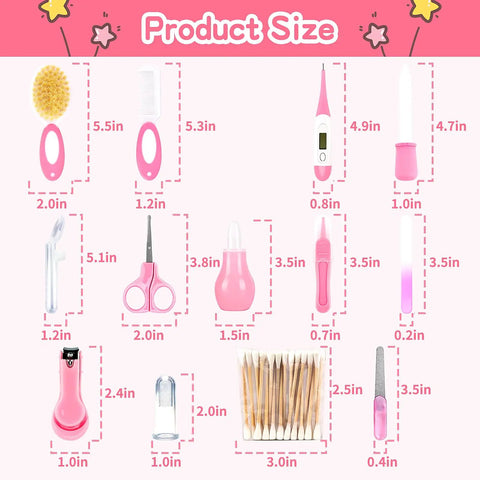 Product sizes for all in one baby grooming kit for newborns, 14-piece infant safety care set with hair brush, comb, nasal aspirator.