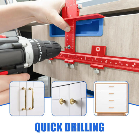 Professional Cabinet Hardware Jig For Handles And Pulls Aluminum Alloy Drilling Template in use aligning drawer hardware.