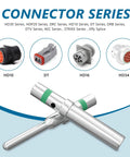 Connector series display with HD10, DT, HD16, and HD34, featuring 50 Pairs Size 16 DT Deutsch Pin Connector Kit With Nickel Plated Solid Contacts For Ride-Ready Automotive Wiring, 14 AWG Compatible, Pin And Socket Contacts, 0-24A, Green Stripe Identification, Multi-Indent Design, DT Terminal Set 0462-209-16141