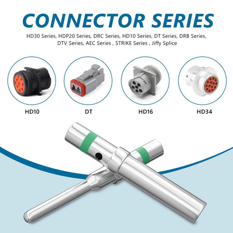 Connector series display with HD10, DT, HD16, and HD34, featuring 50 Pairs Size 16 DT Deutsch Pin Connector Kit With Nickel Plated Solid Contacts For Ride-Ready Automotive Wiring, 14 AWG Compatible, Pin And Socket Contacts, 0-24A, Green Stripe Identification, Multi-Indent Design, DT Terminal Set 0462-209-16141