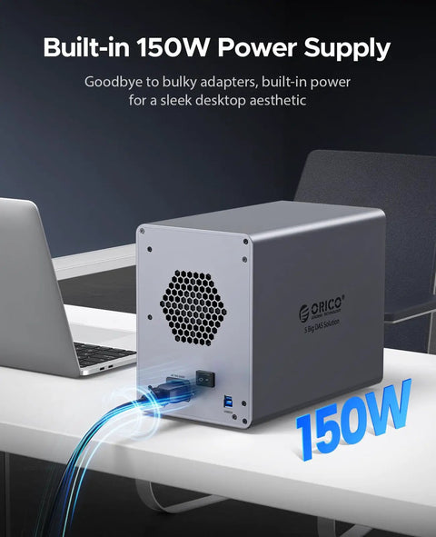 Heavy Duty Five Bay Hard Drive Enclosure USB 3.0 SATA External HDD Cage for 3.5 and 2.5 inch SSD with built-in 150W power supply.