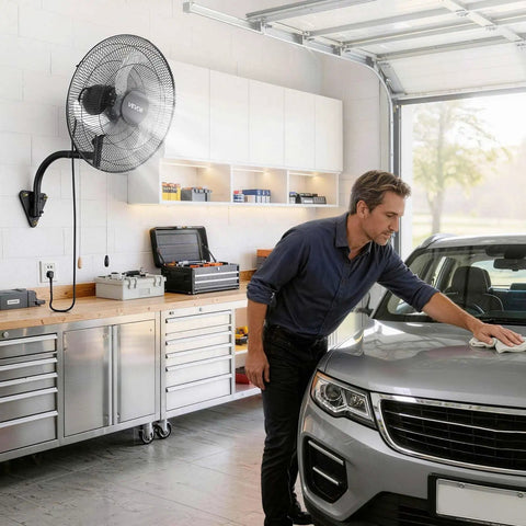 Garage with 18 Inch Wall Mount Oscillating Fan With 3 Speed Settings, Long Reach Airflow Up To 29.5 Feet, man cleaning car