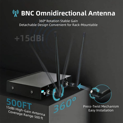BNC omnidirectional antenna for Ultra Long Range Wireless Microphone System 500ft with detachable design and 360-degree rotation.