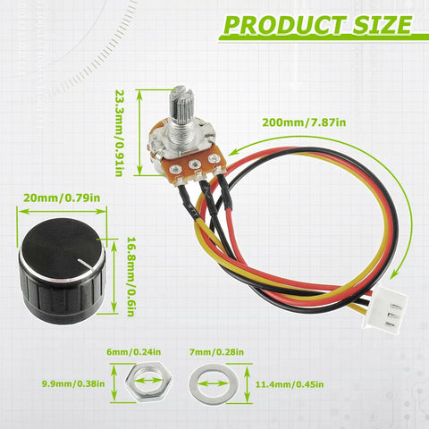10K Ohm Linear Taper Rotary Potentiometer With XH2.54 3 Pin Connector Wires Black Knob Cover Cap Top Adjustment Knurled Shaft