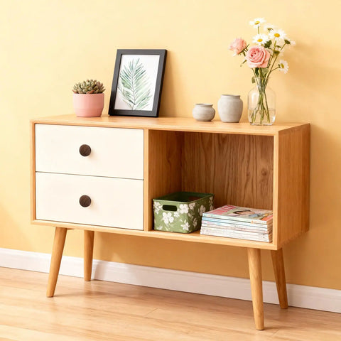 Wooden cabinet with 12 Pack Round Walnut Wood Drawer Handles 1.53 Inch Single Hole Cabinet Knobs With Screws, decor items on top