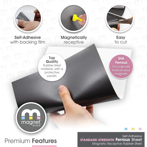 Person holding magnetic receptive sheet with adhesive backing, flexible rubber, for crafting magnetic miniatures, 30 mil thick