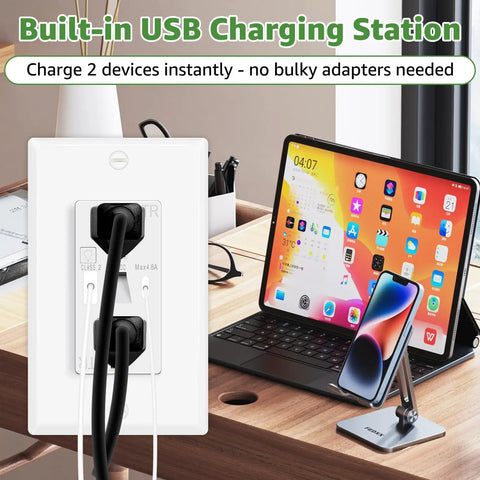 Fresh Vibe Night Light Wall Outlet Cover With Dual Usb Type A And C Fast Charging Ports Easy Toggle Switch Plate For Bedroom Kitchen Bath Home Upgrade Setup on a desk with devices charging.