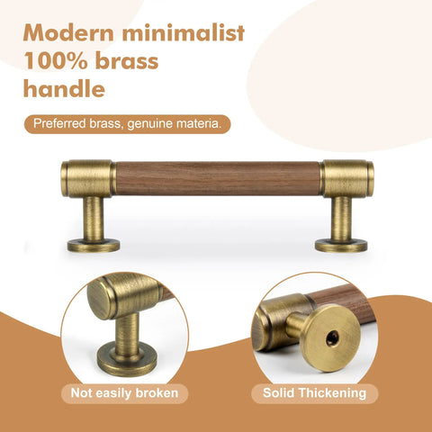 Set Of Five Sleek Solid Brass And Walnut Wood Cabinet Pulls 4.7 Inch Dresser Drawer Handles With 3.75 Inch Center To Center Spacing