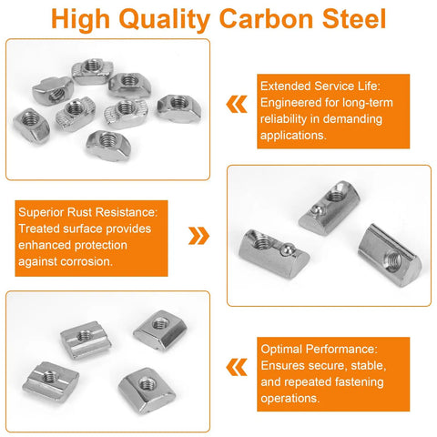 Heavy Duty M6 T Nut Screw Kit For 3030 3060 Aluminum Extrusion showing carbon steel T-nuts with rust resistance features