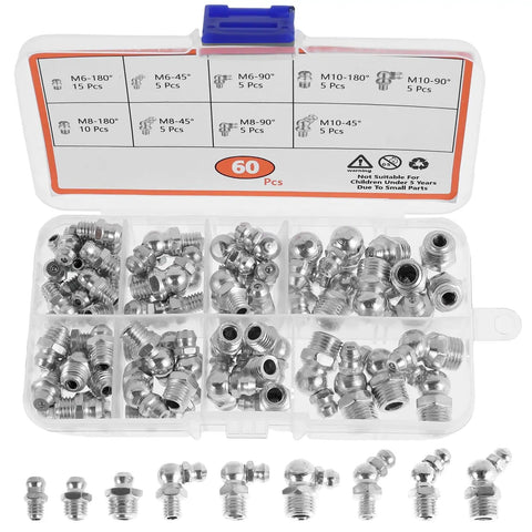 60 120Pcs Metric Grease Fitting Kit With 9 Type Zerk Fittings, sorted galvanized metal zerk assortment in box with M6 M8 M10 sizes