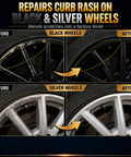 Image showing before and after results of Gloss Black Rim Touch Up Paint And Wheel Scratch Repair Kit For Curb Rash on black and silver wheels.