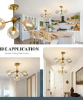 Amber Glass Bubble Sputnik Chandelier In Brass Gold Finish, 3 Light Semi Flush Mount Ceiling Light For Kitchen, Bedroom, Hallway, Soft Warm Glow And Modern Farmhouse Vibe showcased in kitchen and hallway settings
