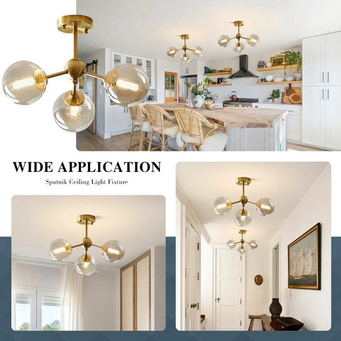 Amber Glass Bubble Sputnik Chandelier In Brass Gold Finish, 3 Light Semi Flush Mount Ceiling Light For Kitchen, Bedroom, Hallway, Soft Warm Glow And Modern Farmhouse Vibe showcased in kitchen and hallway settings