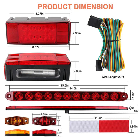 Dimensions of Beefy Submersible LED Trailer Tail Light Kit with 2 Rectangular Tail Lights, 15.5 Inch Light Bar, 29 Ft Wiring