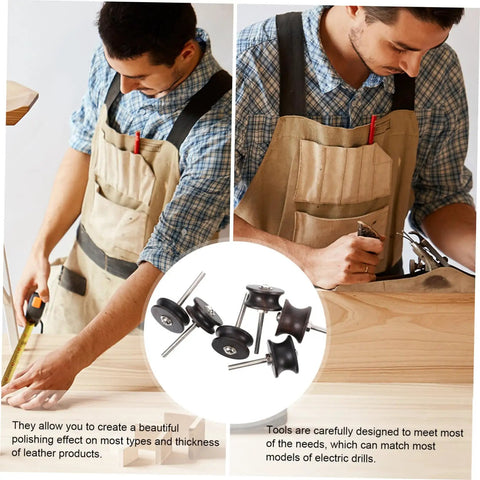 Top Shelf 6 Piece Ebony Leather Burnisher Tool Set Slicker For Smooth Edge Finishing used by craftsman on a workbench.