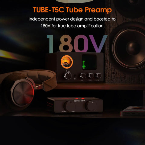 Vacuum Tube Preamplifier And Headphone Amp With VU Meter, 4-Way RCA Selector, Tone Control, No-Nonsense Splitter Box For Receivers, Amps, And Speakers, Powers 16-600 Ohm Headphones, Tube-T5C on shelf with headphones