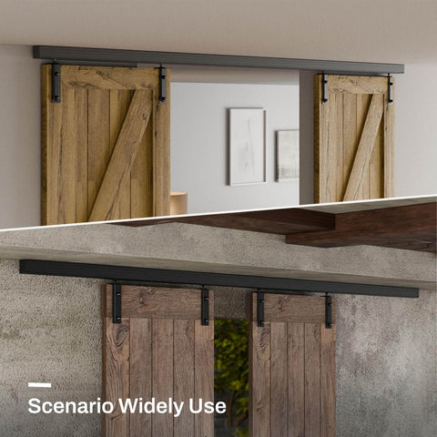 8 Ft Ceiling Mount Box Rail Barn Door Hardware Heavy Duty Sliding Track Kit For Double Doors Aluminum Alloy installed view