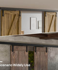 Ceiling Mount Box Rail Barn Door Hardware Kit for Double Doors installed, showing sliding track system, wooden doors in view.