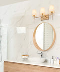 Three Light Gold Vanity Light Fixture With White Fabric Shade For Modern Bathroom, 23 Inch Length, 6.5 Inch Width, 12 Inch Height