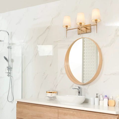Three Light Gold Vanity Light Fixture With White Fabric Shade For Modern Bathroom, 23 Inch Length, 6.5 Inch Width, 12 Inch Height