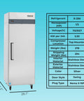 Top Shelf 23 Cubic Foot Reach In Freezer With Single Solid Door And Brushed Stainless Steel Finish showcasing dimensions and specifications.