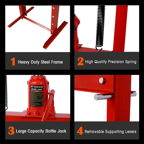 20 Ton Hydraulic Shop Press Heavy Duty H Frame Shop Hog Manual Press For Auto Repair Metal Bending Adjustable Table showing steel frame, bottle jack, precision spring.