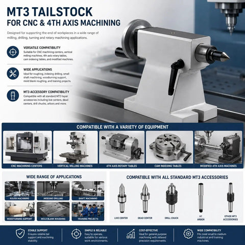 Top Notch Telescopic Tailstock MT3 Taper Fifty Millimeter Travel Wood Lathe Accessories CNC Machine Built Tough shown with CNC equipment.