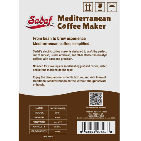 Sadaf Mediterranean Coffee Maker packaging box displaying details and features for brewing Turkish, Greek, and Armenian coffee.