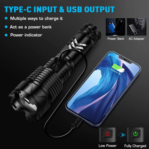 Rechargeable Tactical Flashlight With Zoomable Beam And XHP160.8 LED, 6 Modes, IPX7 Waterproof, Beast Bright Camping Hiking Emergency Light For Any Night Adventure