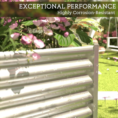 Close-up of 3 Pack Corrugated Galvanized Steel Raised Garden Beds Outdoor Rectangle 36x18 Inches For Vegetables And Flowers in a garden