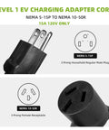 Nema 5 15P To 10 50R Electric Vehicle Charging Adapter Cord 15 Amp Max showing male and female plugs for EV charging.