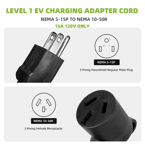 Nema 5 15P To 10 50R Electric Vehicle Charging Adapter Cord 15 Amp Max showing male and female plugs for EV charging.