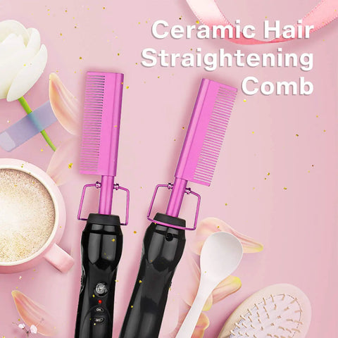 Homfu Electric Hot Comb For Natural Hair, Violet Heat Pressing Straightener Brush on stylish background with coffee.