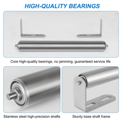 Two Pack 16 Inch Conveyor Roller With Four Brackets 1.5 Inch Stainless Steel Roller with Galvanized Axle and Brackets close-up