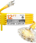 Heavy Duty 12 Ft 12 Gauge Outdoor Extension Cord With Three Outlets, Waterproof SJTW, ETL Listed, coiled yellow cord with outlets