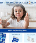 Child holding a glass of water next to 21 In 1 Drinking Water Test Kit With 145 Strips And 4 Bacteria Tests for home use.