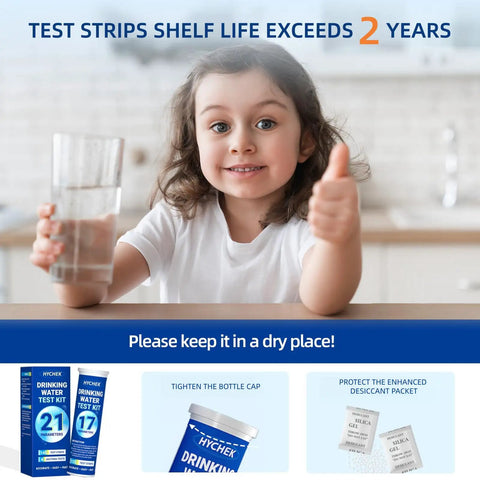 Child holding a glass of water next to 21 In 1 Drinking Water Test Kit With 145 Strips And 4 Bacteria Tests for home use.