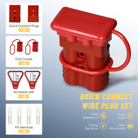 350 Amp Battery Power Connector Kit With 2 Pole Plugs, Quick Connect Disconnect, Durable Red Housing and Dust Covers