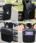 Electric Scooter Front Bag Pouch With Waterproof Phone Holder Large Capacity Handlebar Organizer in use on bike handlebar.