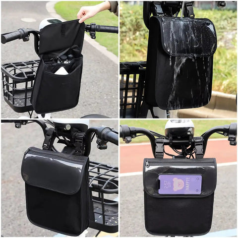 Electric Scooter Front Bag Pouch With Waterproof Phone Holder Large Capacity Handlebar Organizer in use on bike handlebar.