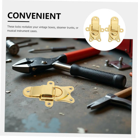 Classic Antique Golden Toggle Latch Zinc Alloy Duckbilled Hasp Lock on workbench with tools, perfect for toolbox and storage.