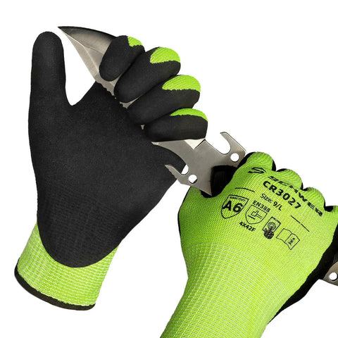 Two Pairs Cut Resistant Gloves ANSI A6 A7 Touchscreen Ready Work Gloves for Men and Women holding a sharp tool
